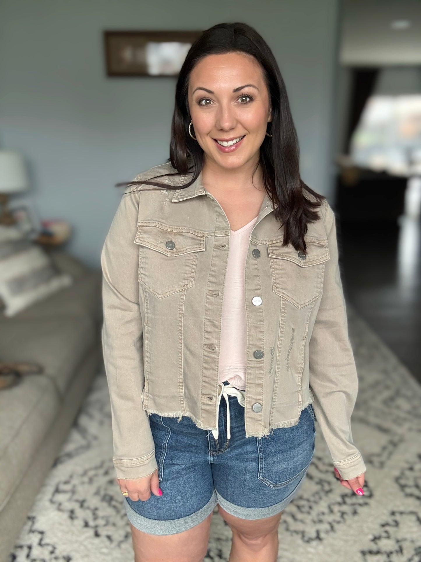 RISEN Raw Hem Cropped Distressed Denim Jacket in Tan