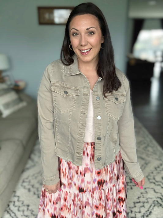 RISEN Raw Hem Cropped Distressed Denim Jacket in Tan