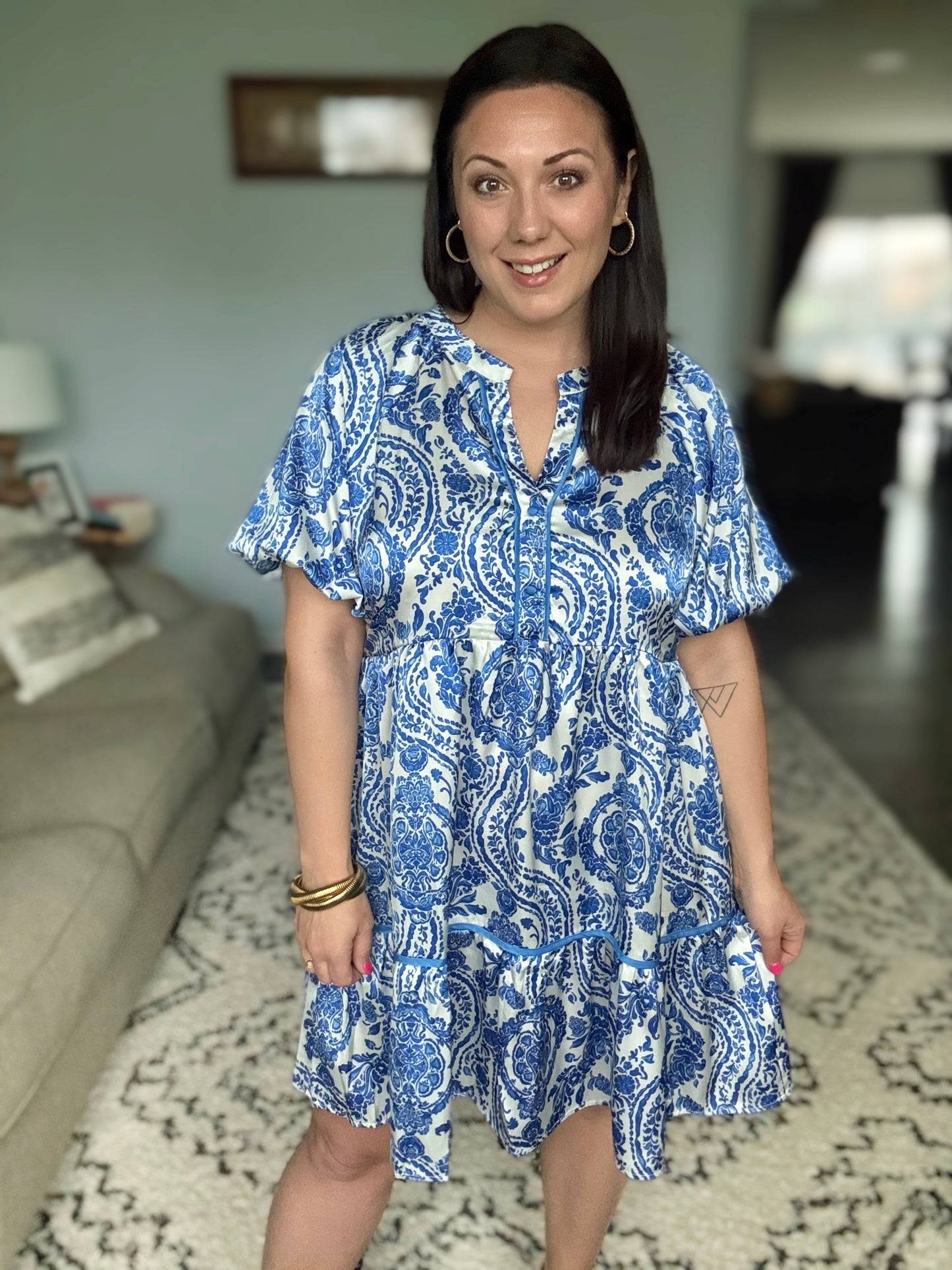 Umgee Paisley Notched Puff Sleeve Mini Dress in Royal Blue