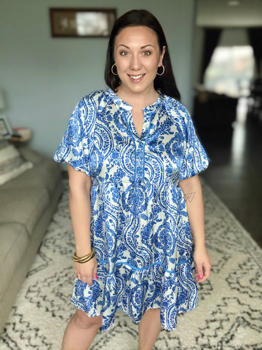 Umgee Paisley Notched Puff Sleeve Mini Dress in Royal Blue