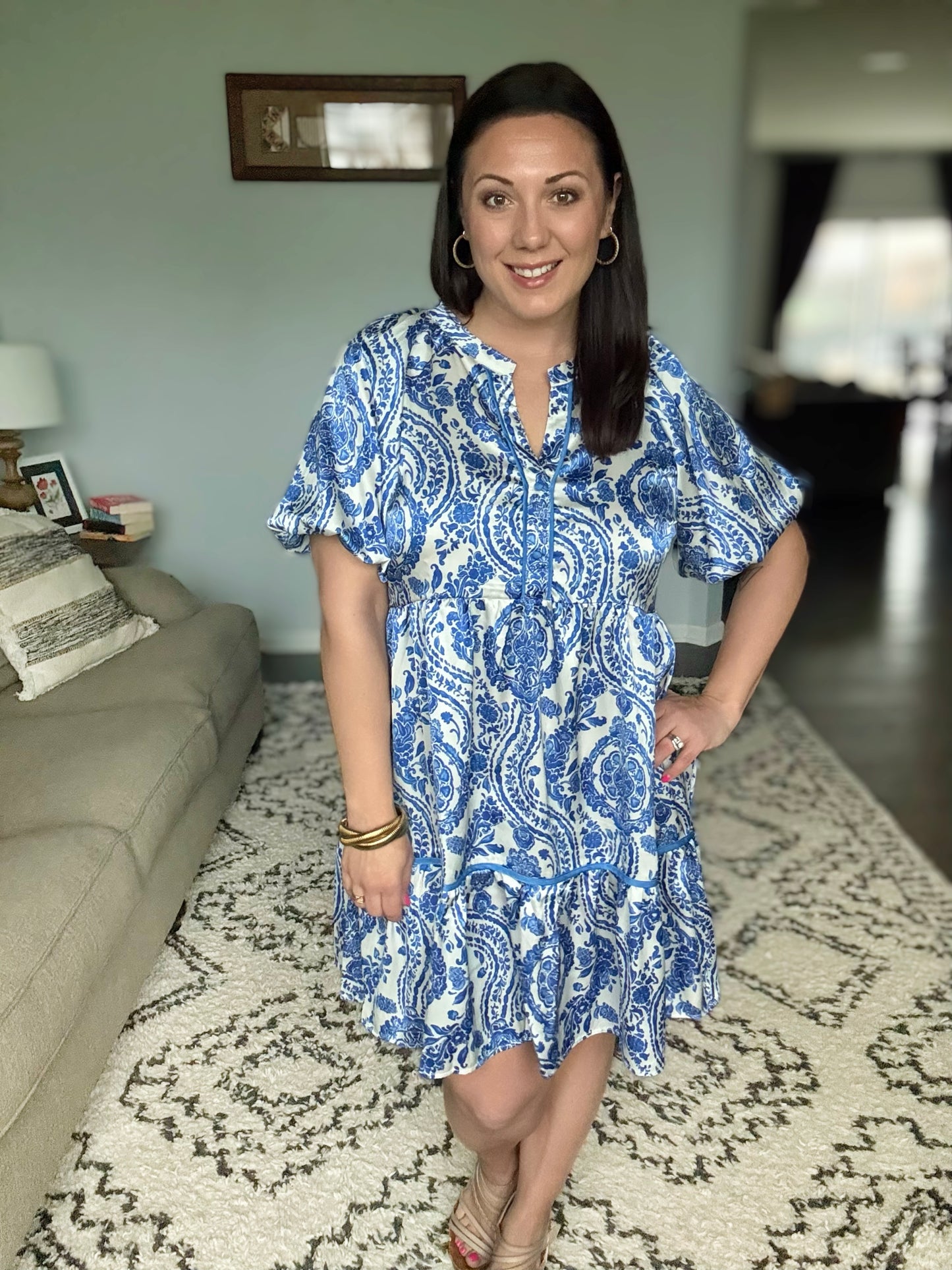 Umgee Paisley Notched Puff Sleeve Mini Dress in Royal Blue