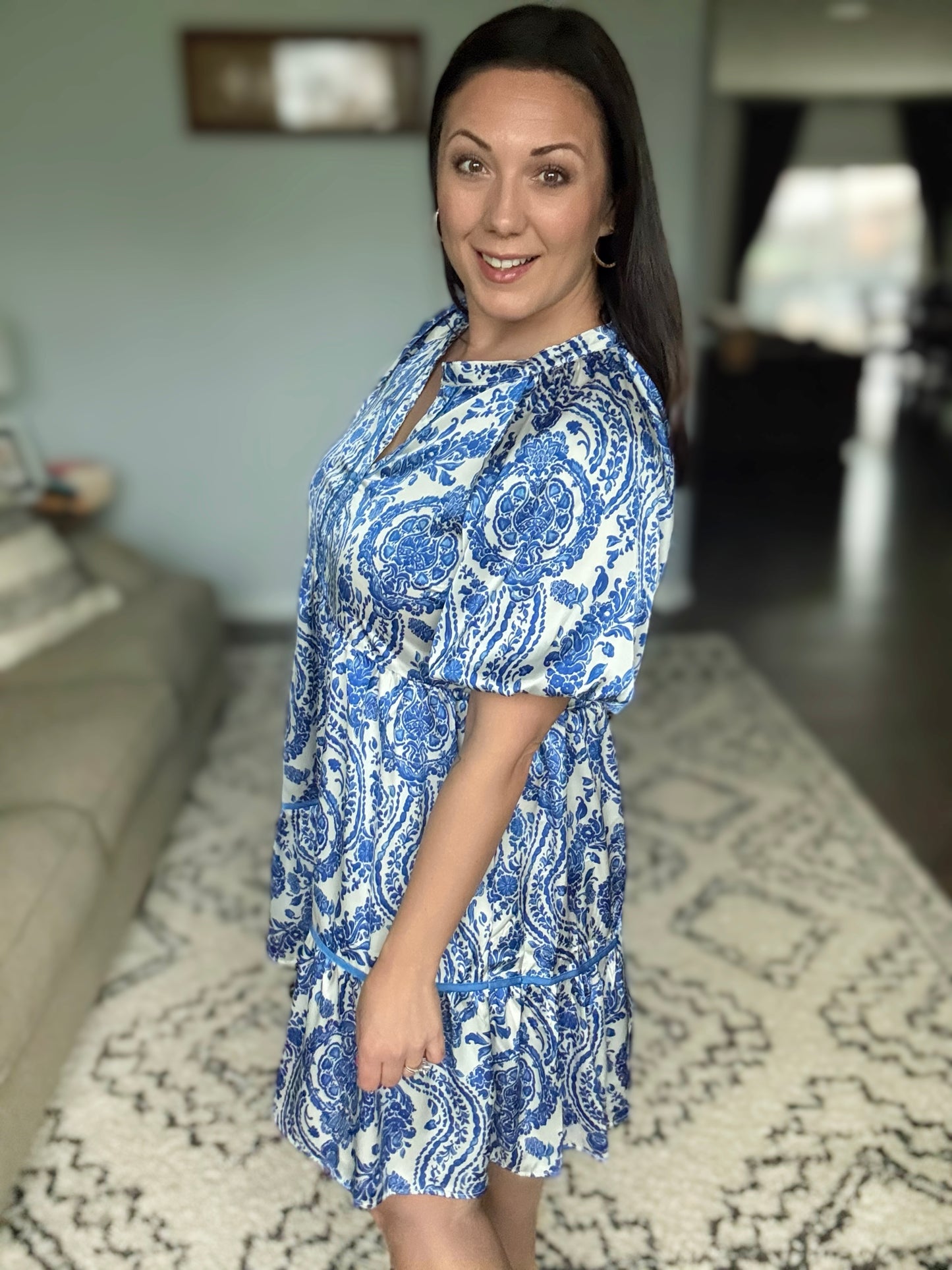 Umgee Paisley Notched Puff Sleeve Mini Dress in Royal Blue