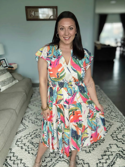 Umgee Tropical Leaf Print Cap Sleeve Tiered Midi Dress