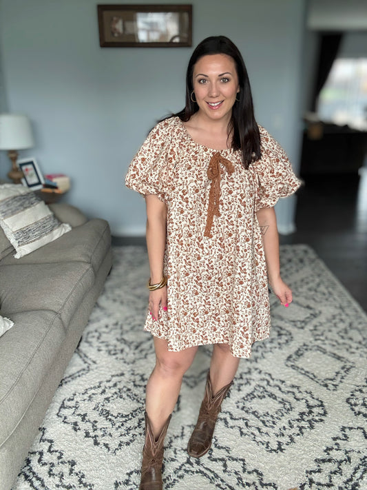 Umgee Full Size Lace Bow Floral Puff Sleeve Mini Dress in Caramel