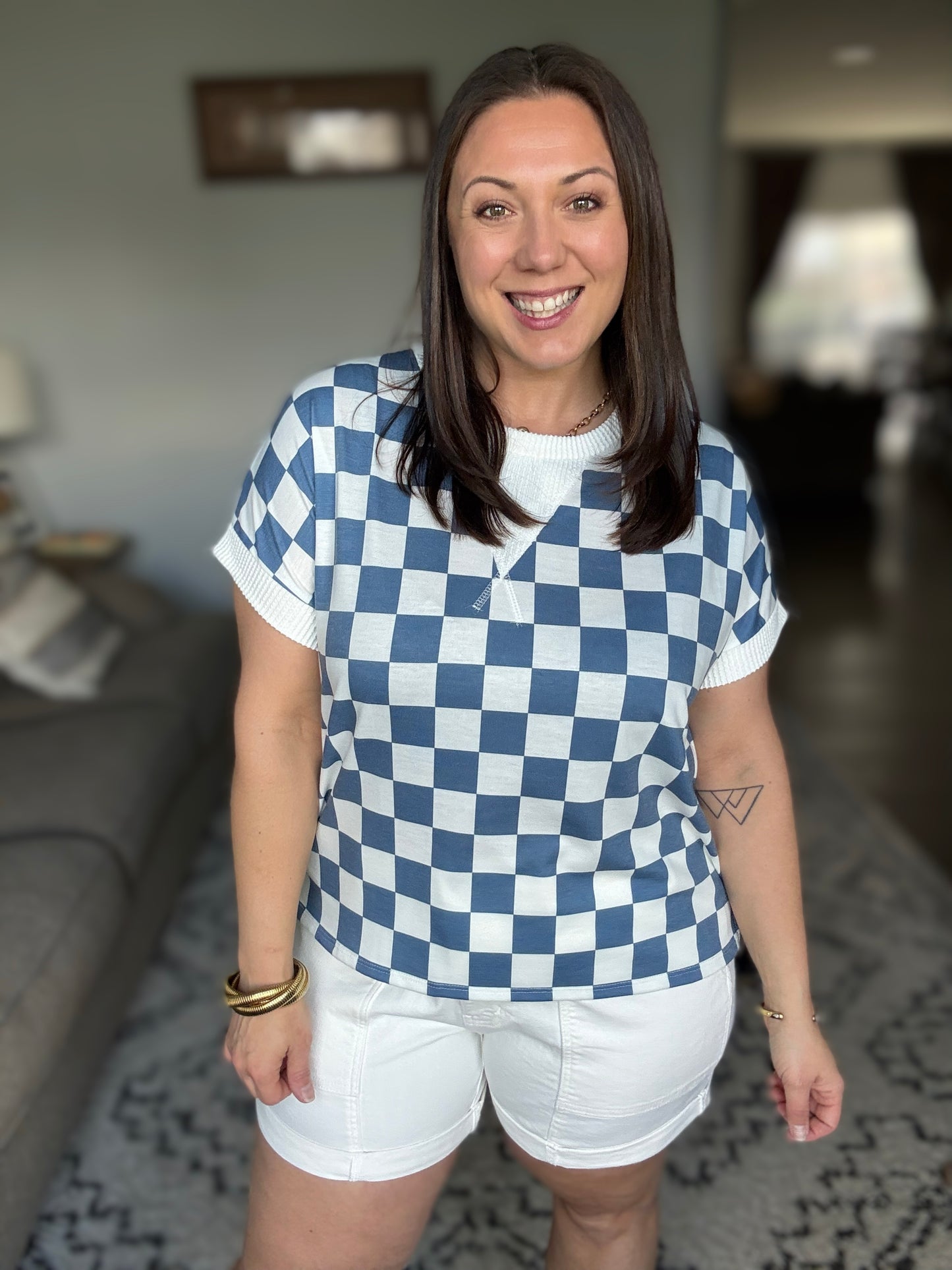 I've Been Everywhere Crew Neck Checkered Top in Blue