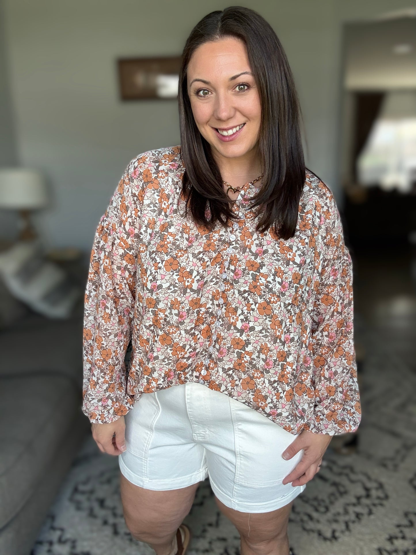 Pink & Orange Floral Button Down Blouse