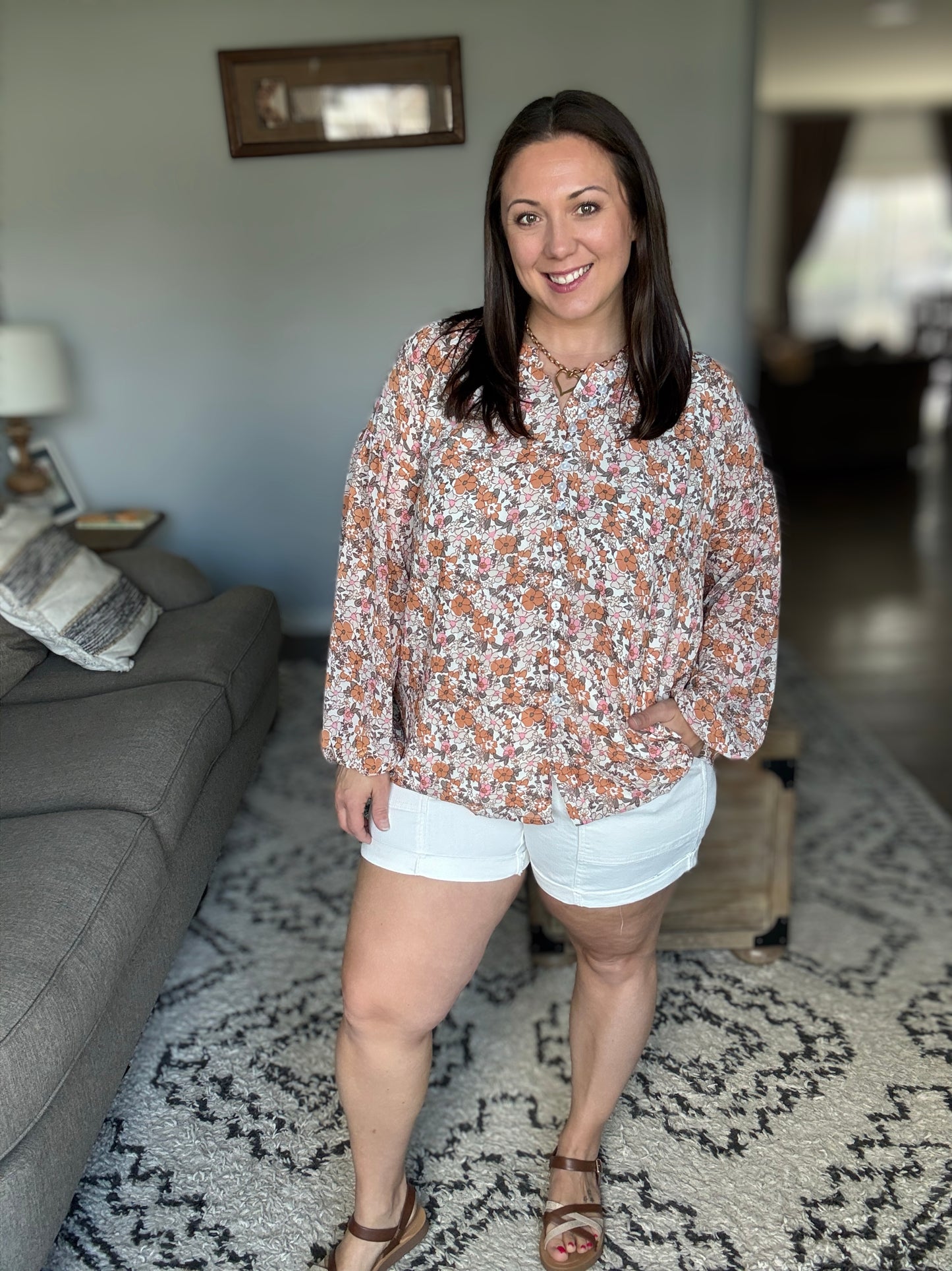 Pink & Orange Floral Button Down Blouse