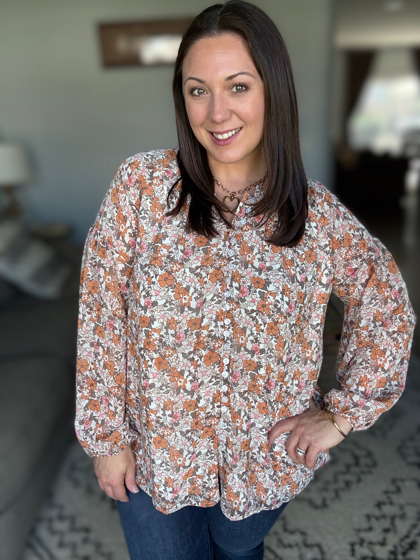 Pink & Orange Floral Button Down Blouse