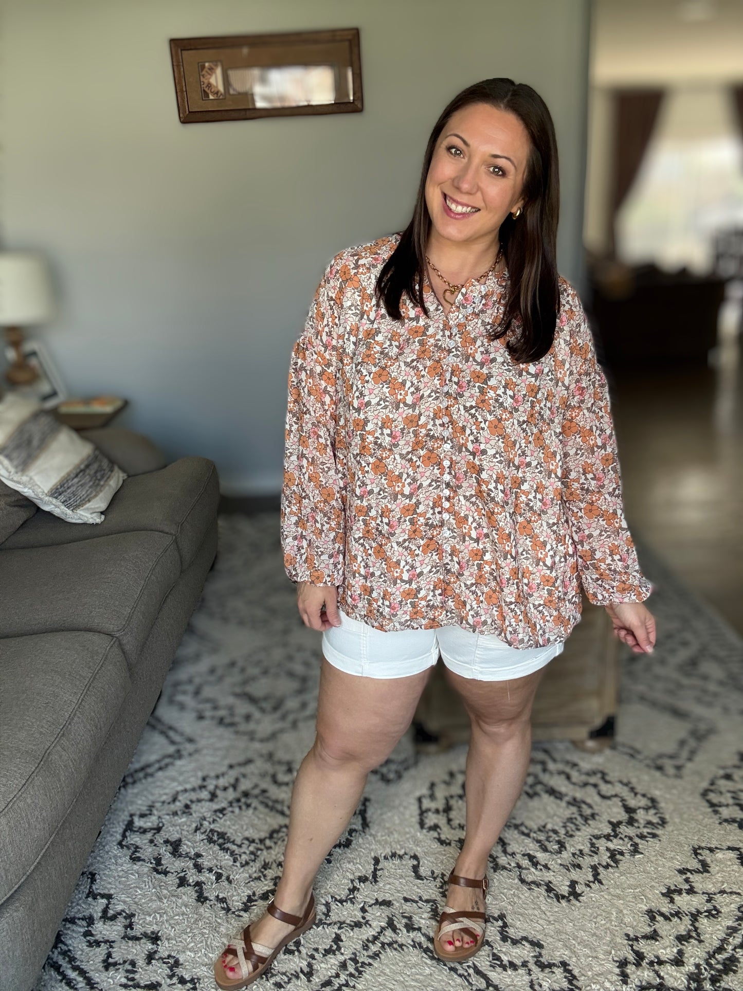 Pink & Orange Floral Button Down Blouse