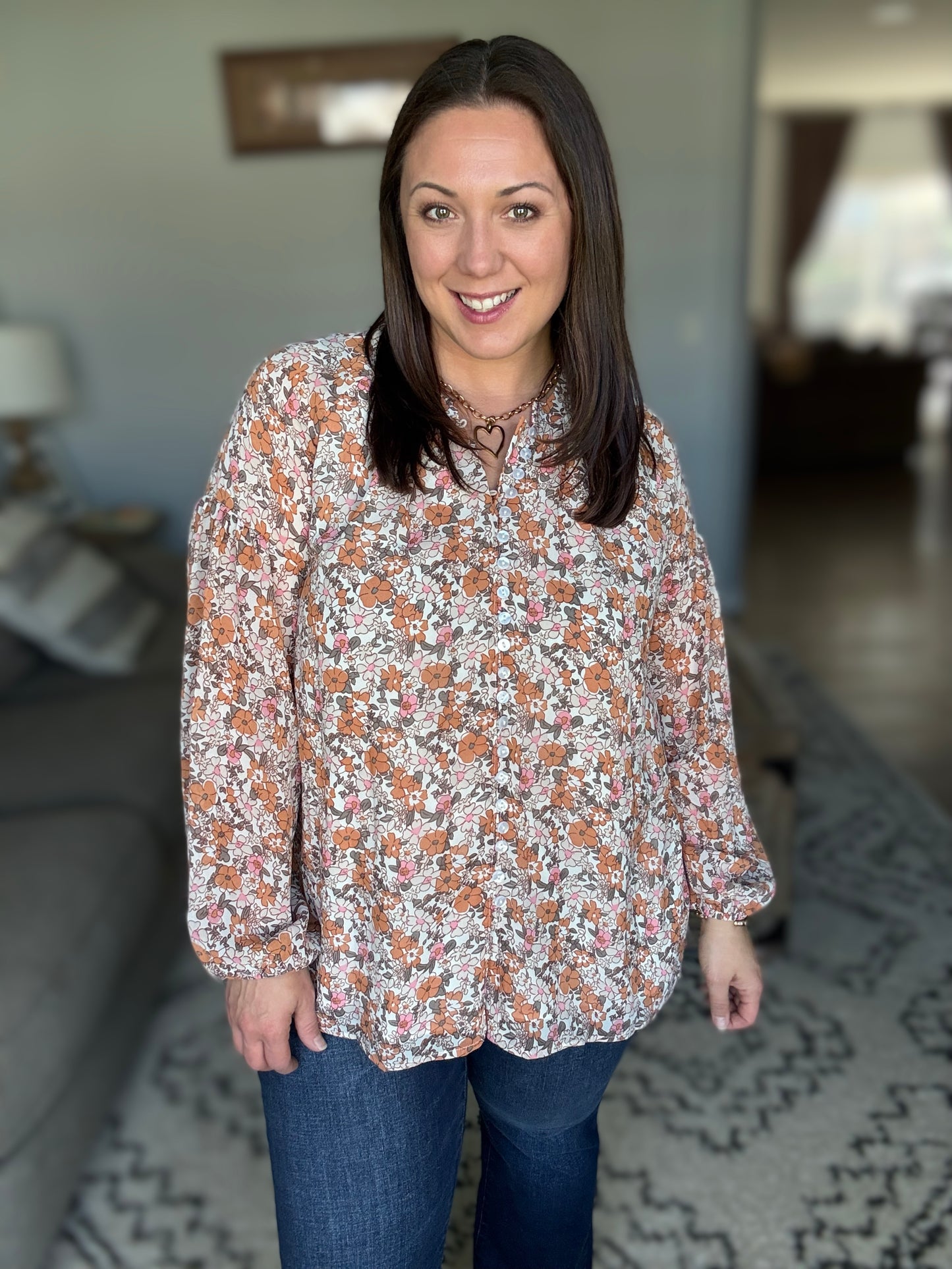 Pink & Orange Floral Button Down Blouse