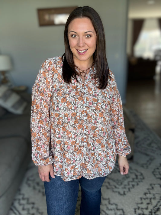 Pink & Orange Floral Button Down Blouse