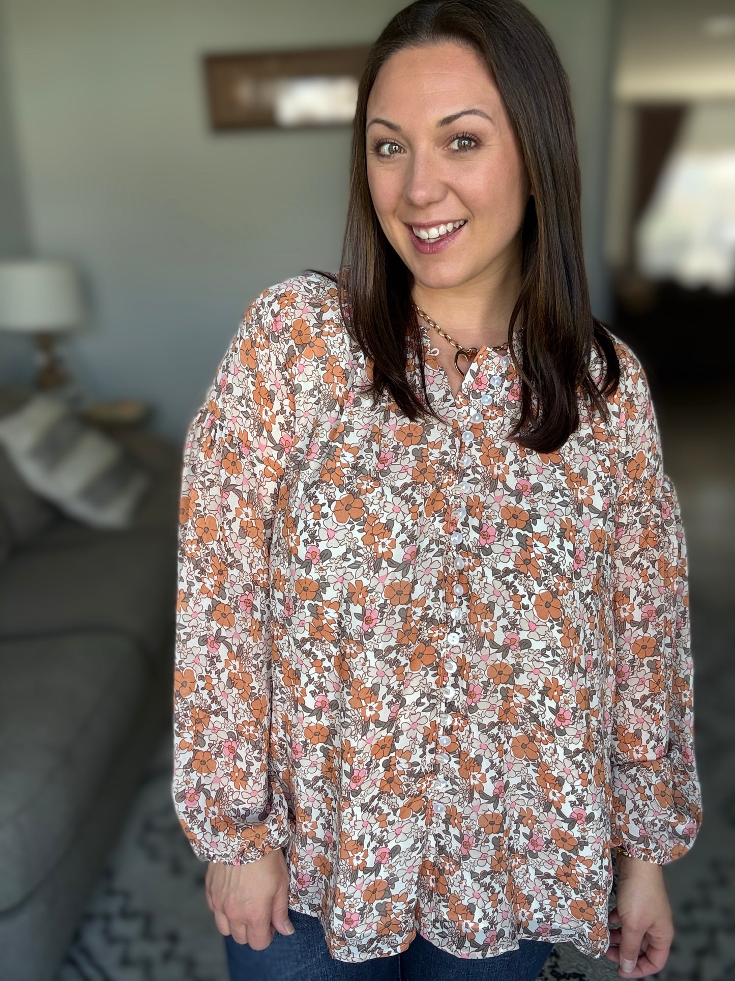 Pink & Orange Floral Button Down Blouse