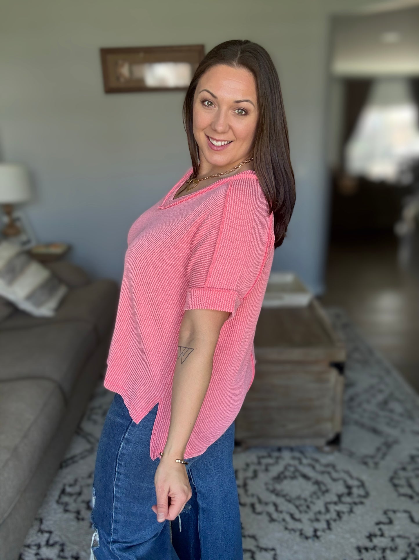 Growing Restless V-Neck Tee in Coral