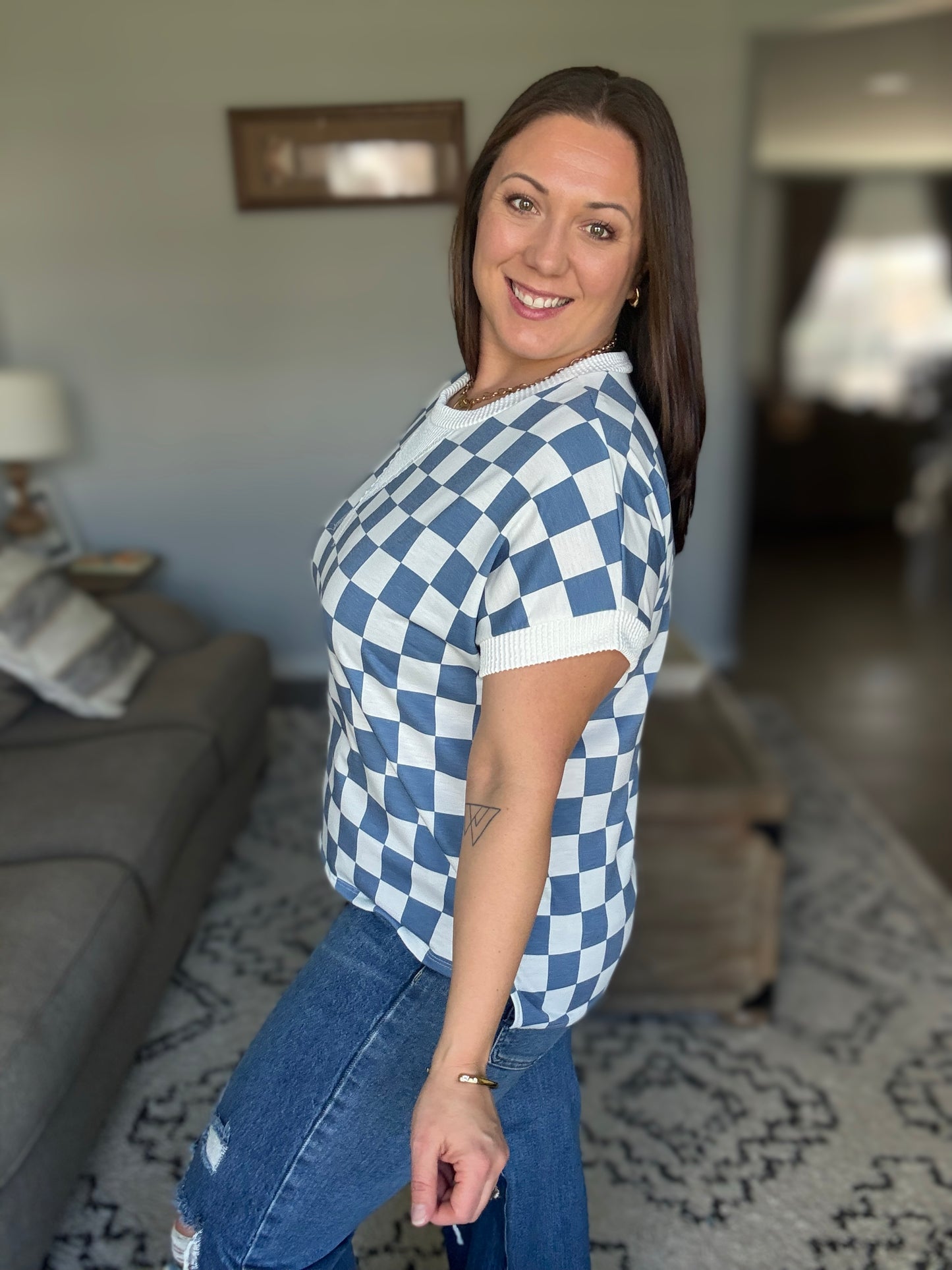 I've Been Everywhere Crew Neck Checkered Top in Blue