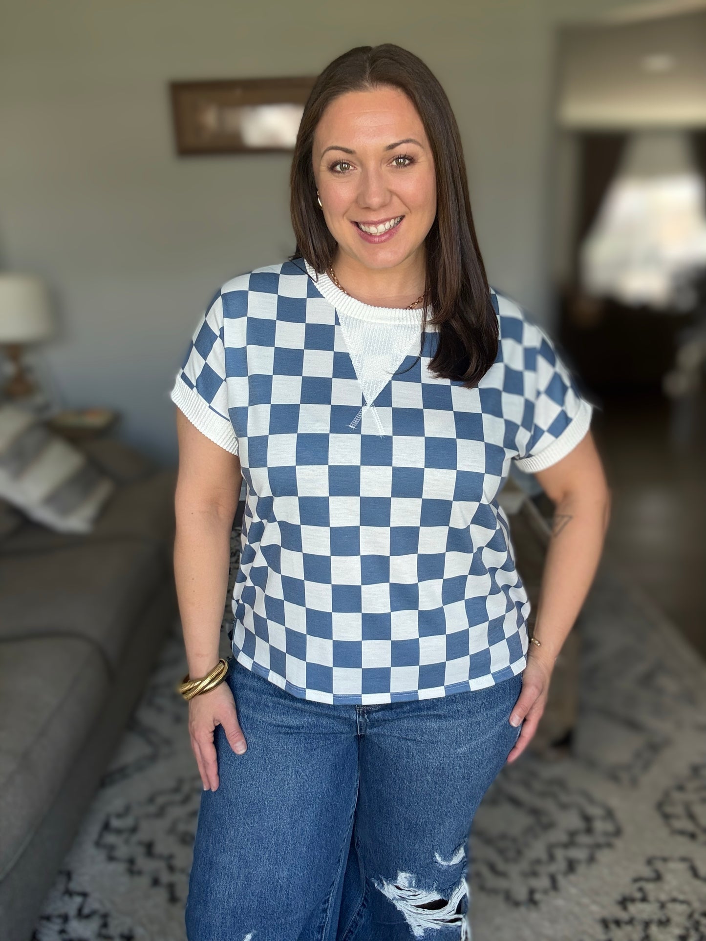 I've Been Everywhere Crew Neck Checkered Top in Blue