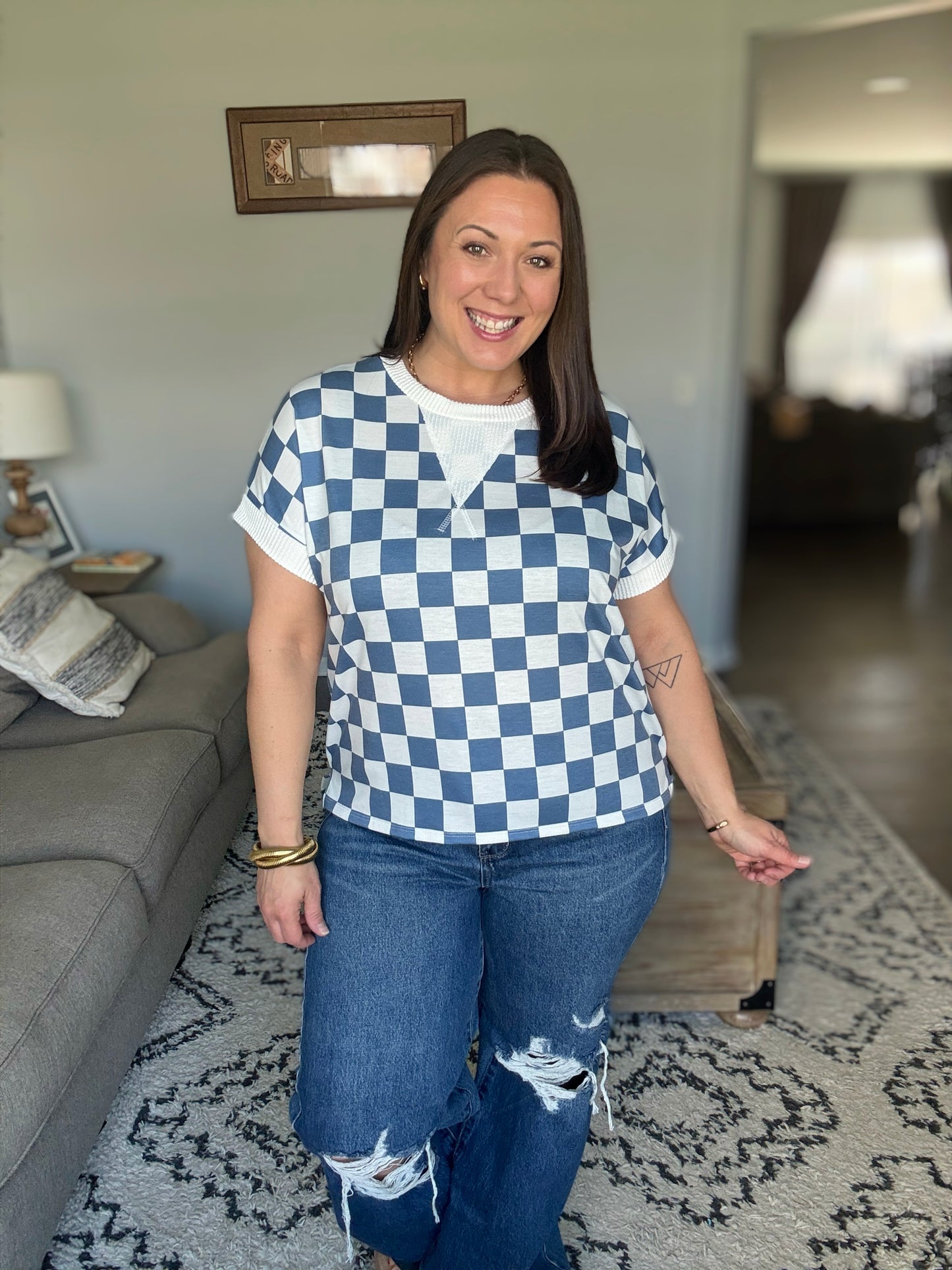 I've Been Everywhere Crew Neck Checkered Top in Blue