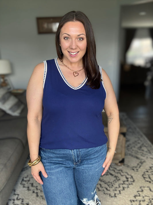 Whisper Trim Detailed V-Neck Tank in Navy