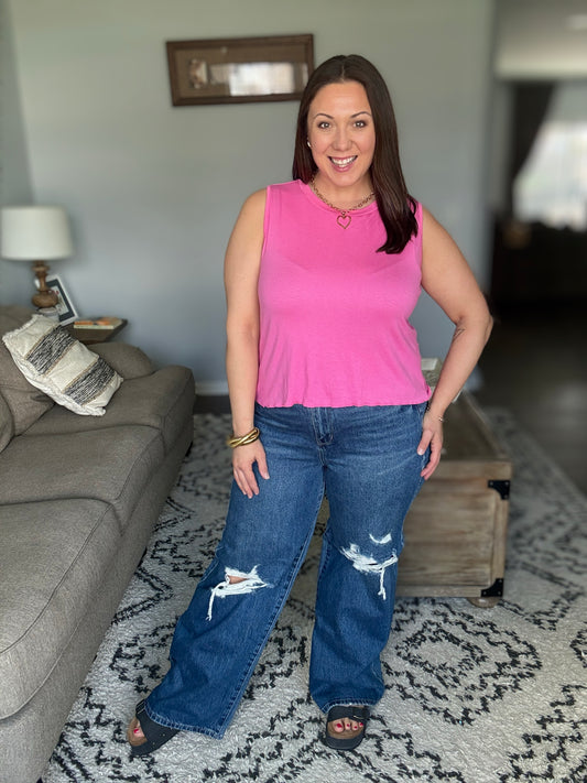 Roseanne High Waist Rigid Magic Destructed Straight Jeans with Adjustable Waist Tabs