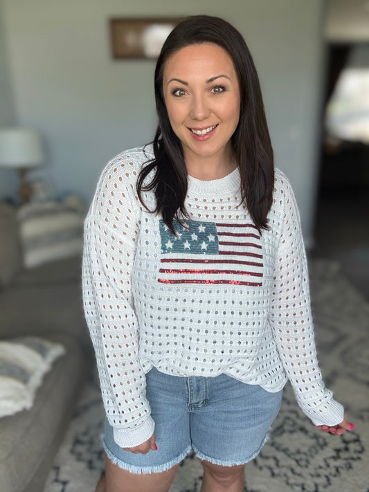 IN STOCK USA Sequin Flag Open Knit Pullover
