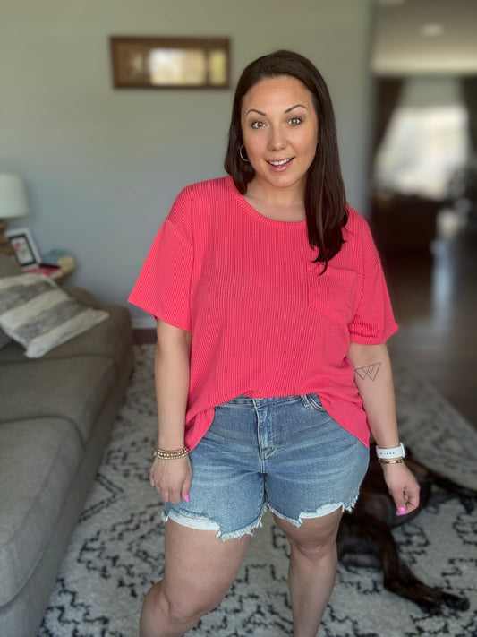 Judy Blue Kat High Rise Fly Stitch Destroyed Denim Shorts