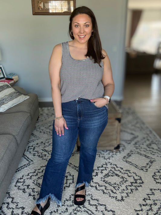RISEN Cable Car High Rise Cropped Bootcut Fray Hem Jeans