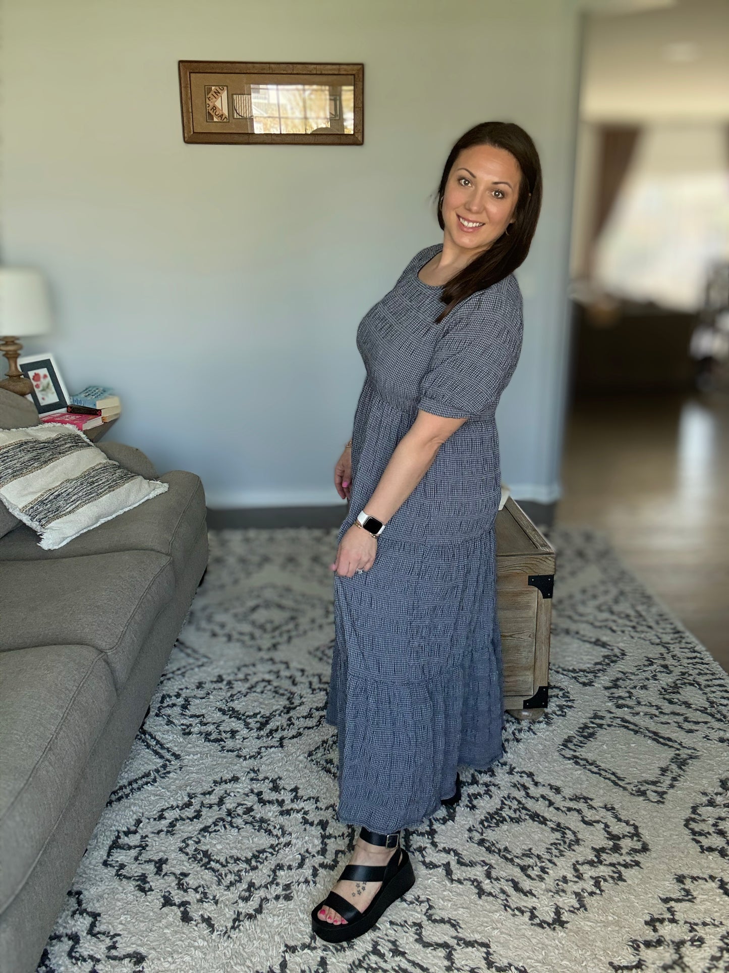 BOMBOM Textured Short Sleeve Tiered Maxi Dress