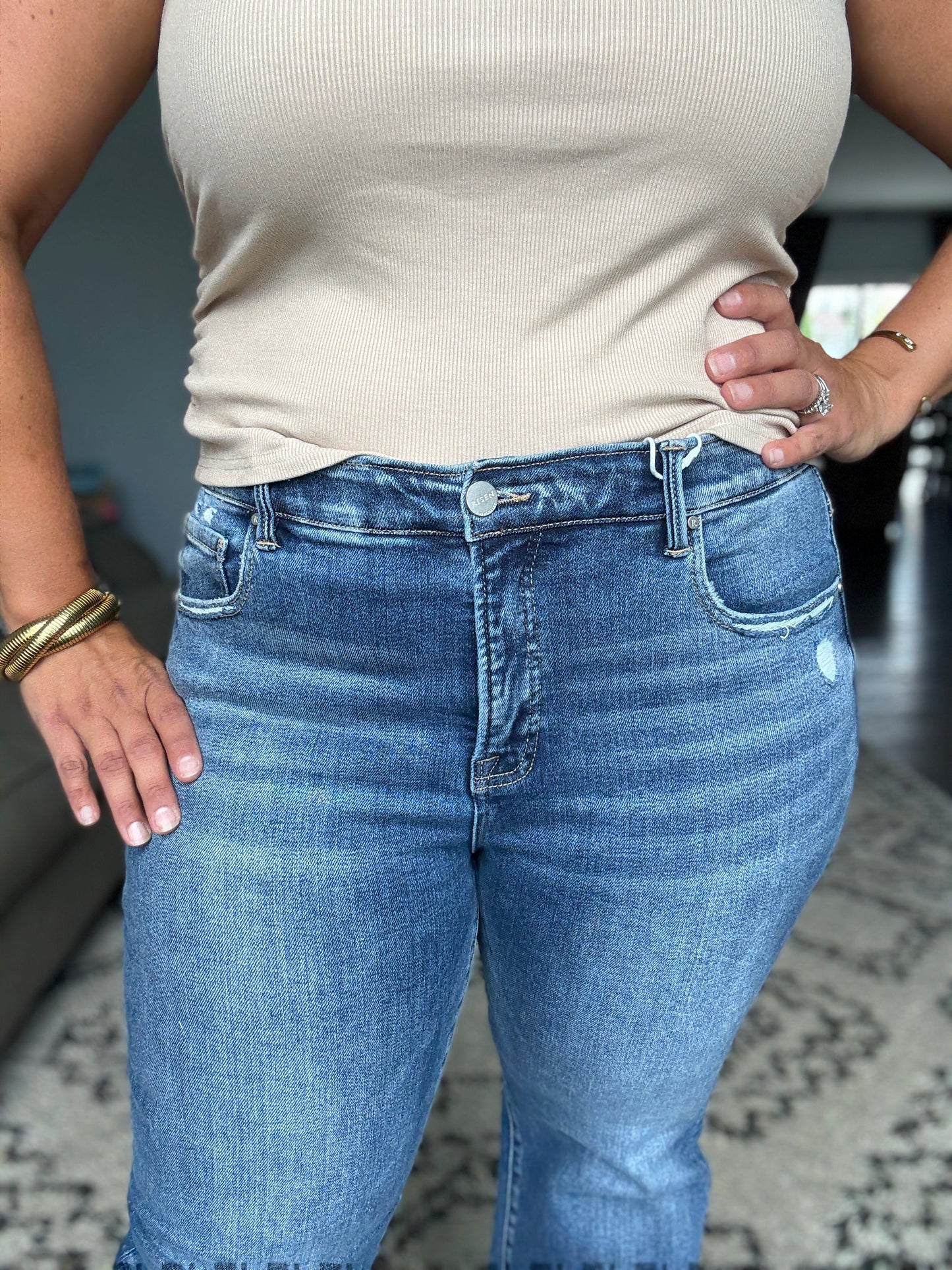 RISEN Sydney Tummy Control Elastic Band Mid Rise Straight Jeans