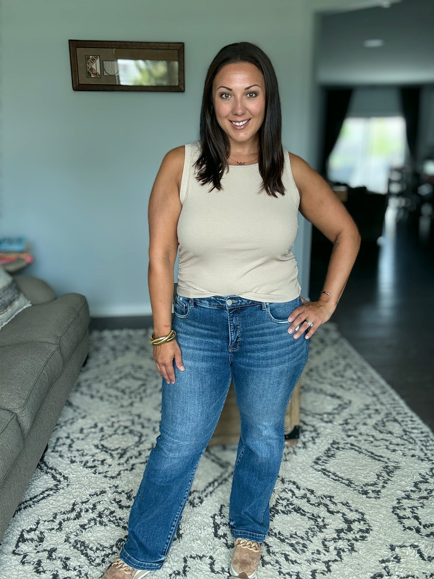 RISEN Sydney Tummy Control Elastic Band Mid Rise Straight Jeans