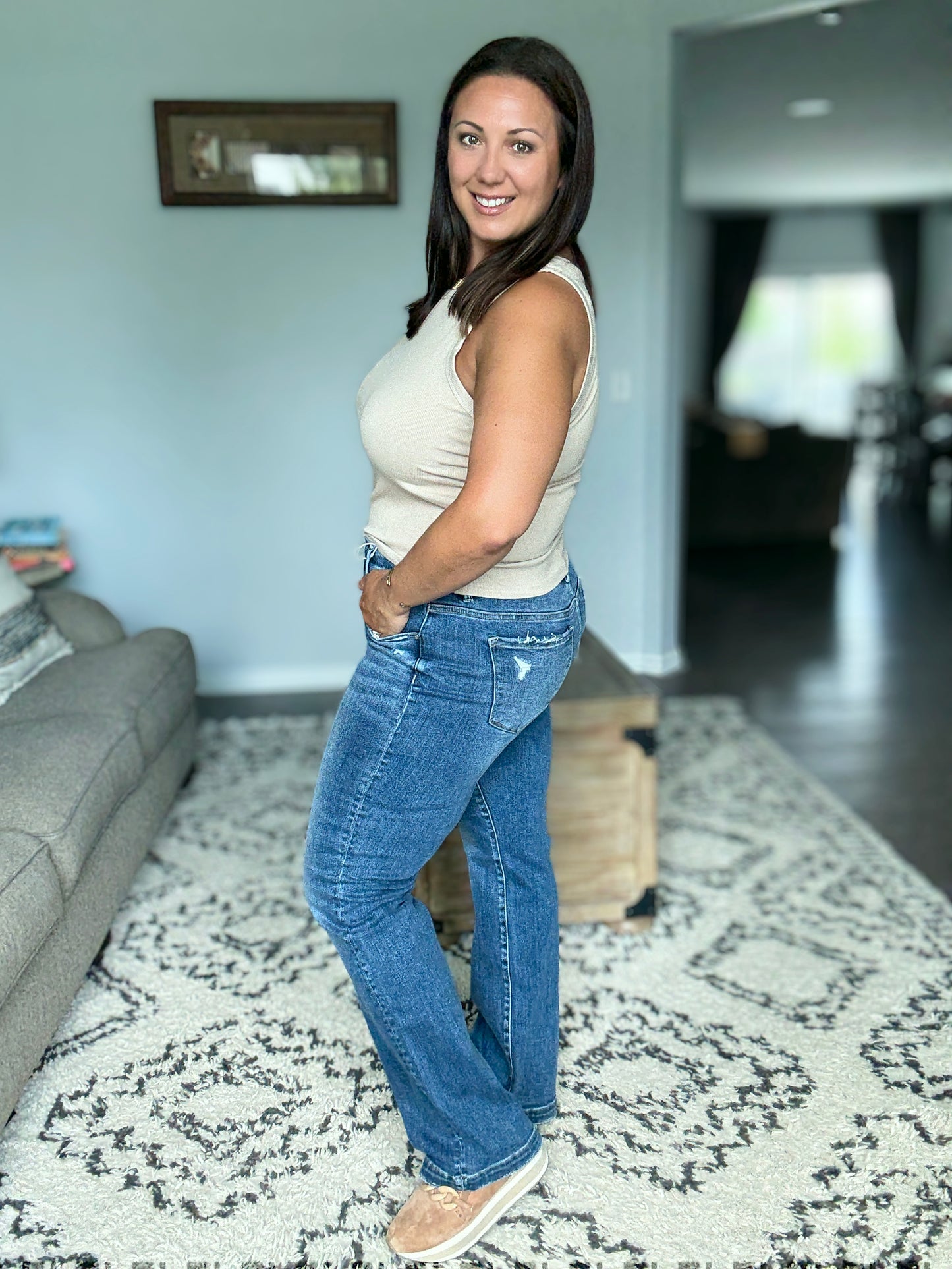 RISEN Sydney Tummy Control Elastic Band Mid Rise Straight Jeans