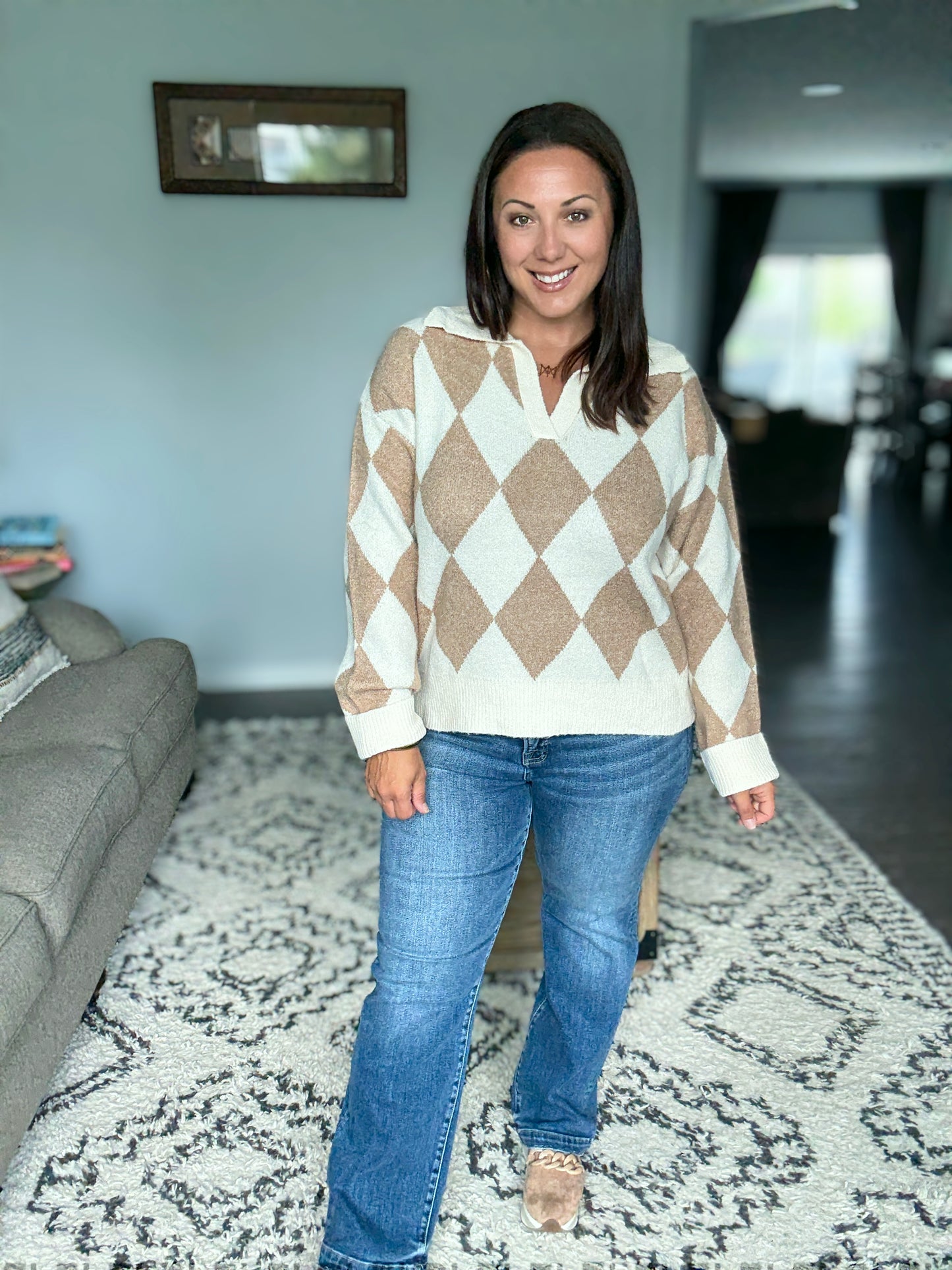 BiBi Diamond Pattern Collared Notch Neck Sweater