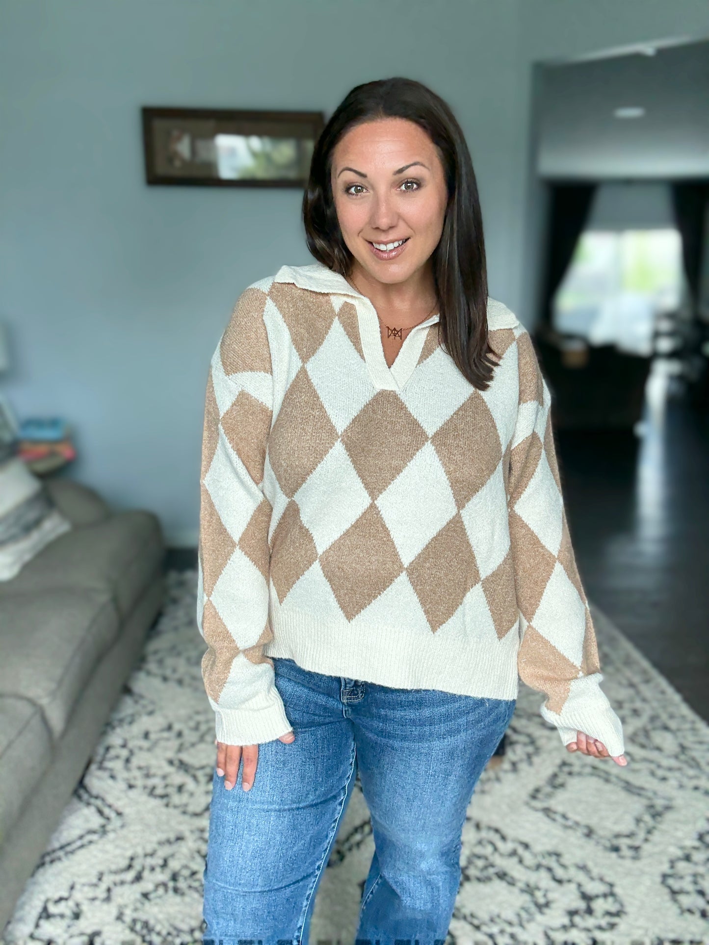 BiBi Diamond Pattern Collared Notch Neck Sweater