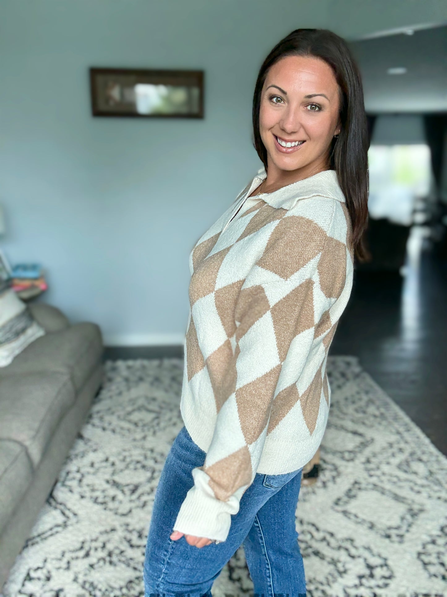 BiBi Diamond Pattern Collared Notch Neck Sweater