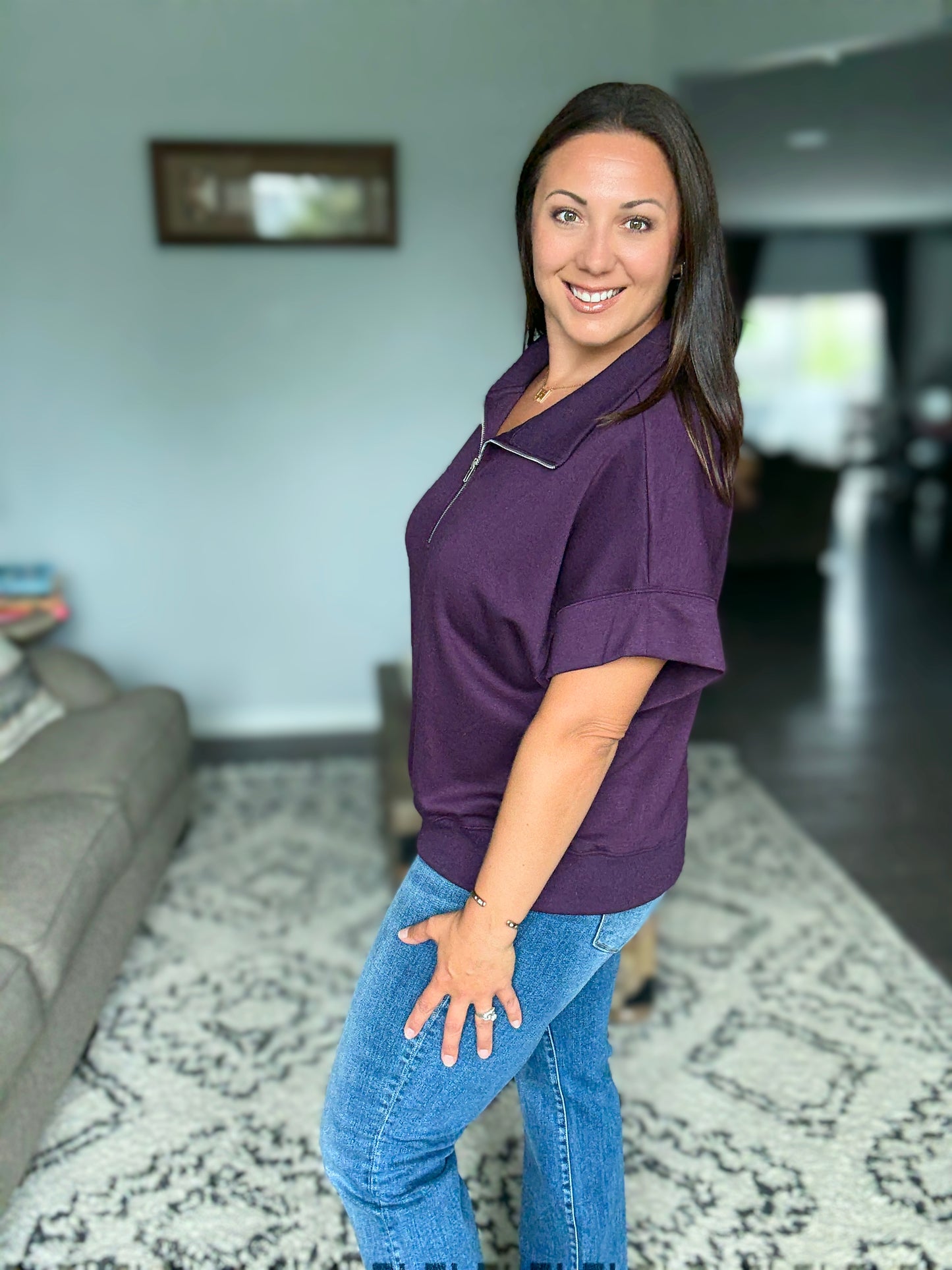 Umgee Half-Zip Short Sleeve Top in Dark Plum