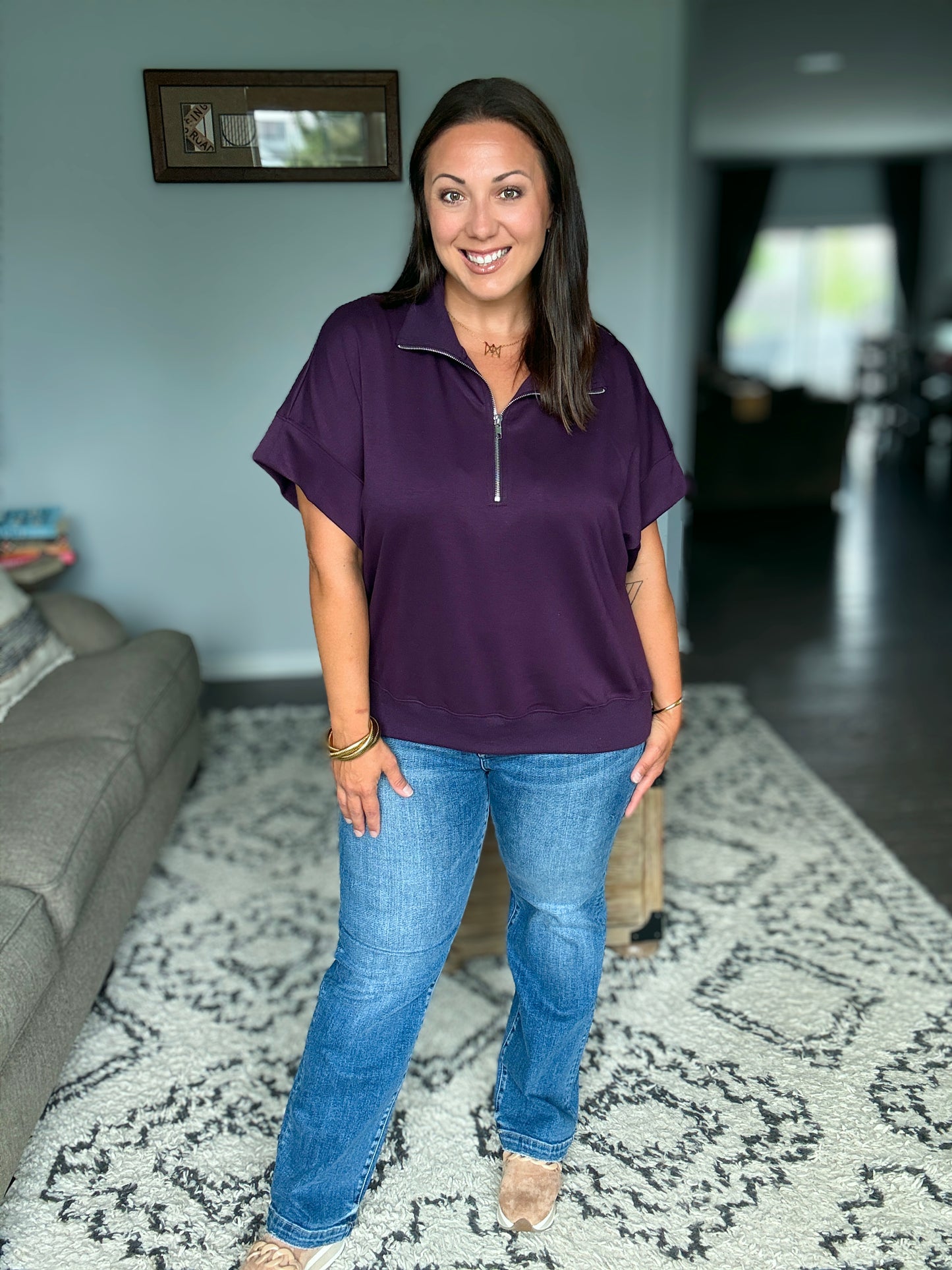 Umgee Half-Zip Short Sleeve Top in Dark Plum