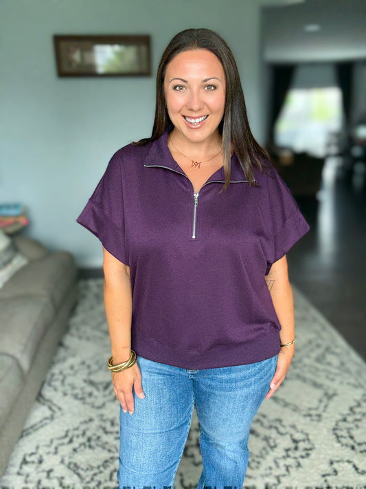 Umgee Half-Zip Short Sleeve Top in Dark Plum