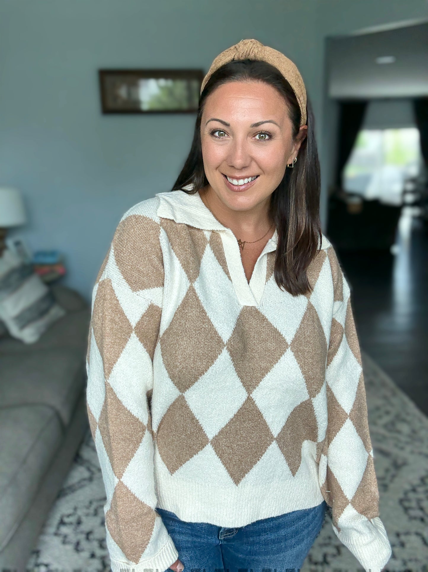 BiBi Diamond Pattern Collared Notch Neck Sweater