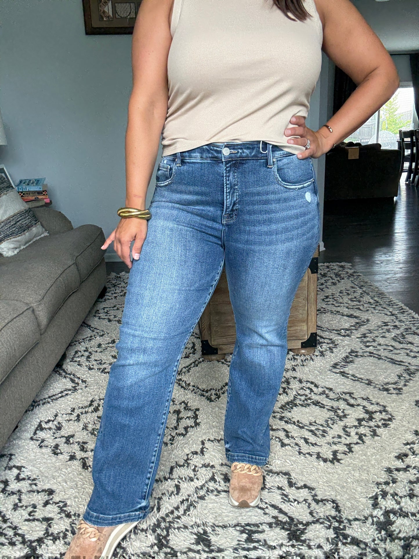 RISEN Sydney Tummy Control Elastic Band Mid Rise Straight Jeans