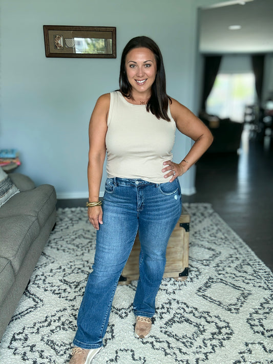 RISEN Sydney Tummy Control Elastic Band Mid Rise Straight Jeans