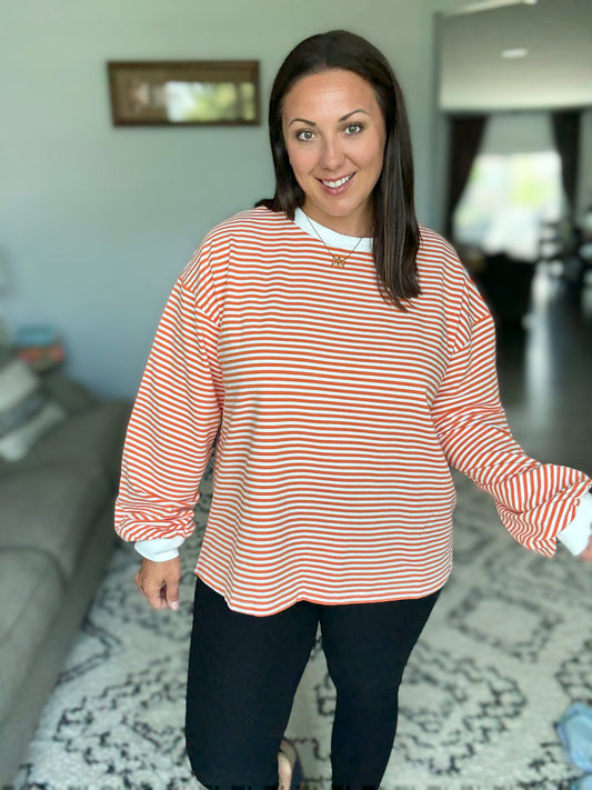BiBi French Terry Stripe Long Sleeve Sweatshirt in Orange