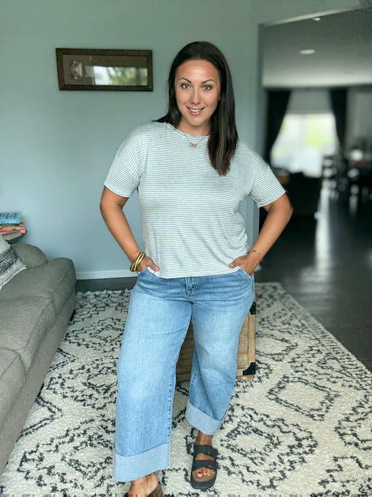 RISEN Willow Tummy Control High Rise Ankle Wide Cuffed Jeans