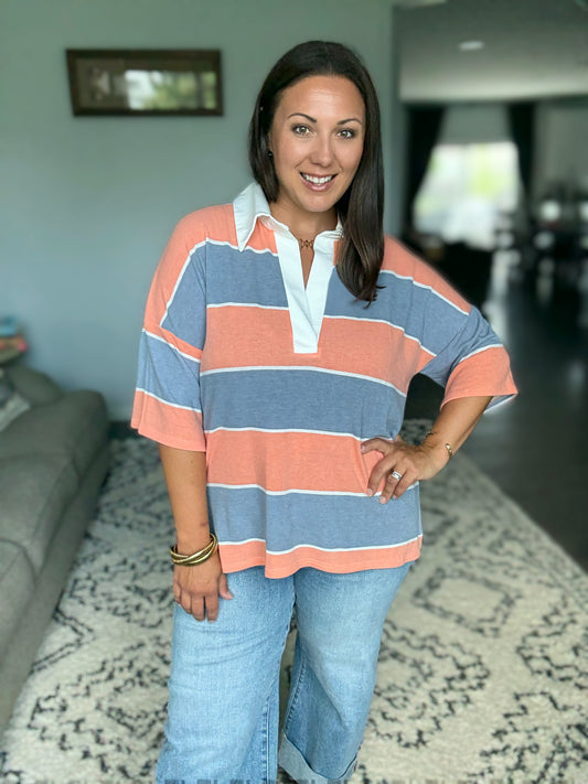 Cloudbound Collared Casual Top in Orange and Denim
