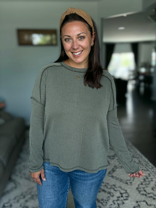 Wander & Rest Cable Ribbed Knit Drop Shoulder Top in Dark Olive