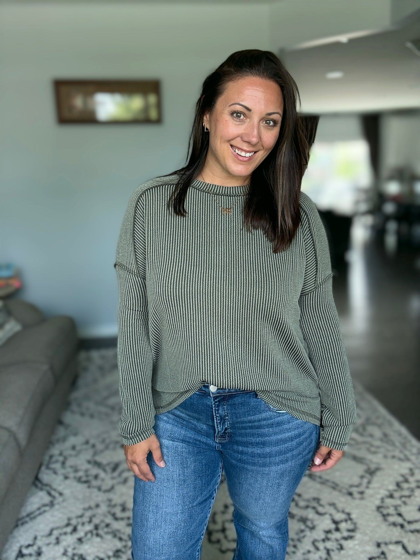 Wander & Rest Cable Ribbed Knit Drop Shoulder Top in Dark Olive