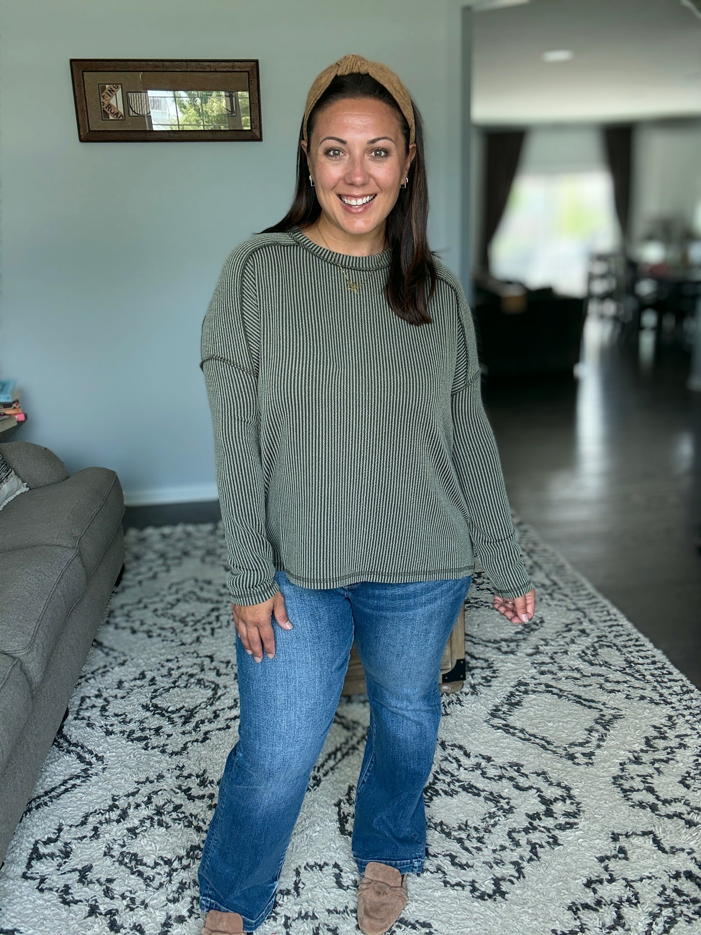 Wander & Rest Cable Ribbed Knit Drop Shoulder Top in Dark Olive