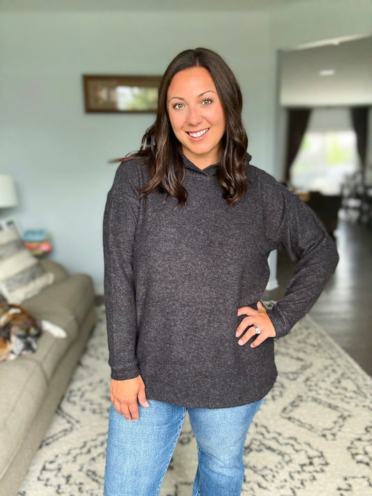 Zenana Basically My Favorite Hooded Brushed Melange Hacci Pullover in Black