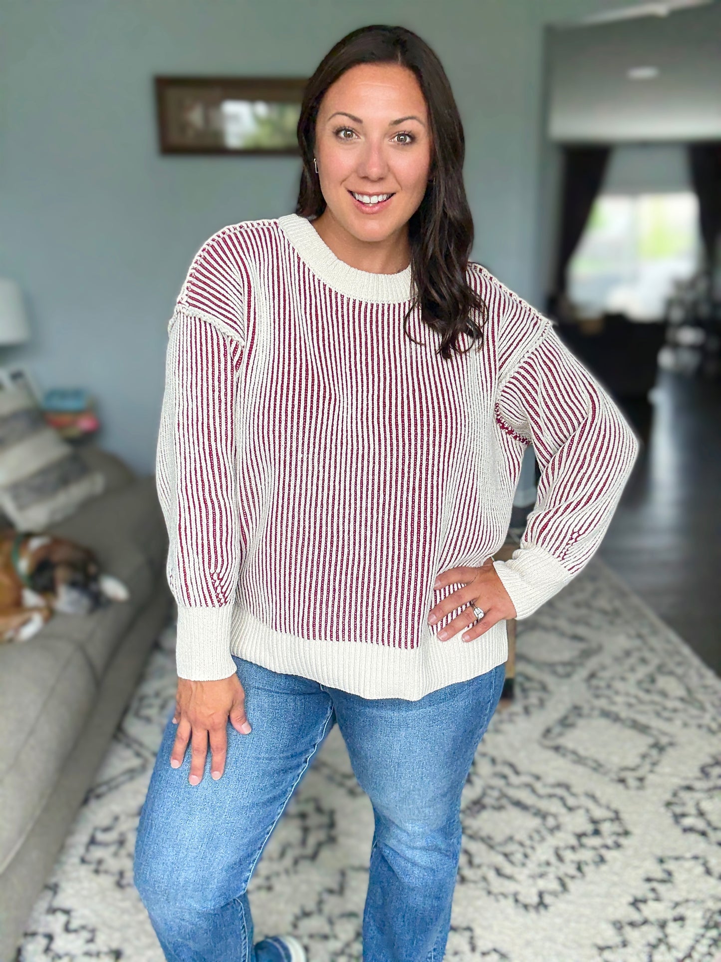 Zenana Two Tone Crewneck Sweater in Cabernet