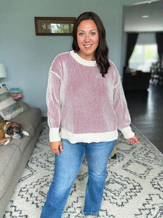 Zenana Two Tone Crewneck Sweater in Cabernet