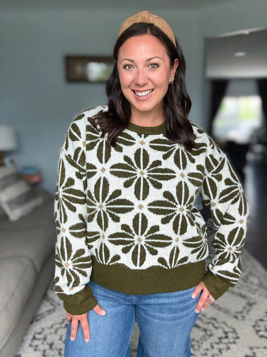 BiBi Flower Pattern Long Sleeve Sweater in Olive
