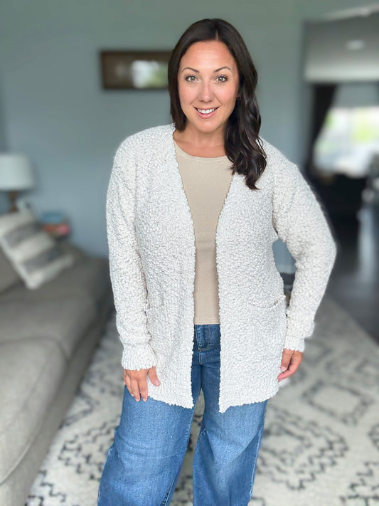 Zenana Long Sleeve Popcorn Sweater Cardigan with Pockets in Sand Beige