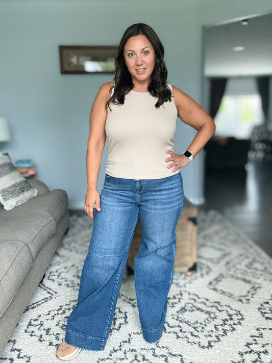 RISEN High Rise Wide Leg Double Button Jeans in Full Size